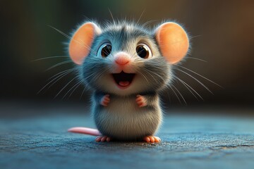 Cute gray mouse with big ears and a happy expression standing on a surface in a warm, softly lit environment