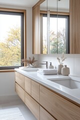 Scandinavian clean bathroom interior featuring minimalist design with white sinks, large mirror, and light wood cabinets. Concept: Scandinavian clean bathroom interior emphasizes simplicity, decor.