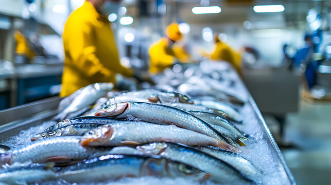Fresh Catch Processing: An array of fresh fish is meticulously laid out on a refrigerated table, the centerpiece of a bustling fish processing facility where dedicated workers.