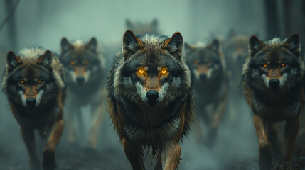 Fototapeta premium A pack of wolves run forward, out of a foggy forest.