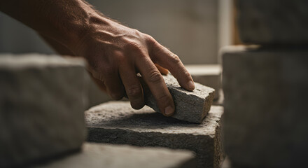 Stone Masonry, Building with Stone, Bricklaying Hand Detail, Generative AI image
