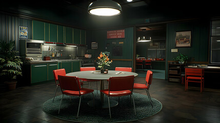 Retro Interior Dining Room With Green Walls Red Chairs And Round Table With Flowers And Kitchen Appliances Under Ceiling Light