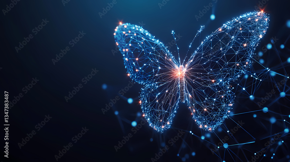 Poster digital transformation: a luminous butterfly composed of interconnected data points and glowing line