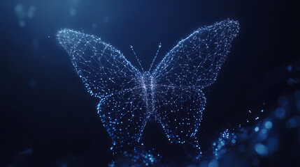 Digital Metamorphosis: An ethereal, abstract digital representation of a butterfly, composed of interconnected points of light, hovers against a dark background.