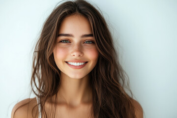 Naklejka premium Woman with long brown hair smiling in a field of sunflowers, basking in the golden sunlight, radiating joy and warmth.
