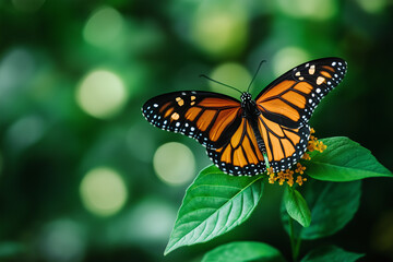 Naklejka premium Elegant butterfly with orange and black wings resting on green leaves, web banner with copy space