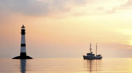 Fototapeta premium serene lighthouse stands tall against pastel sunset, guiding boat through calm waters, evoking sense of peace and tranquility