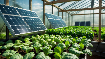 Fototapeta premium Lush green vegetables thrive under the sun's energy in a modern solar-powered greenhouse, showcasing sustainable farming practices.