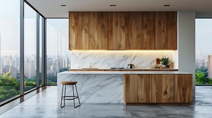 Modern kitchen interior with marble countertops, wooden cabinets, and a cityscape view in the background, concept of luxury living