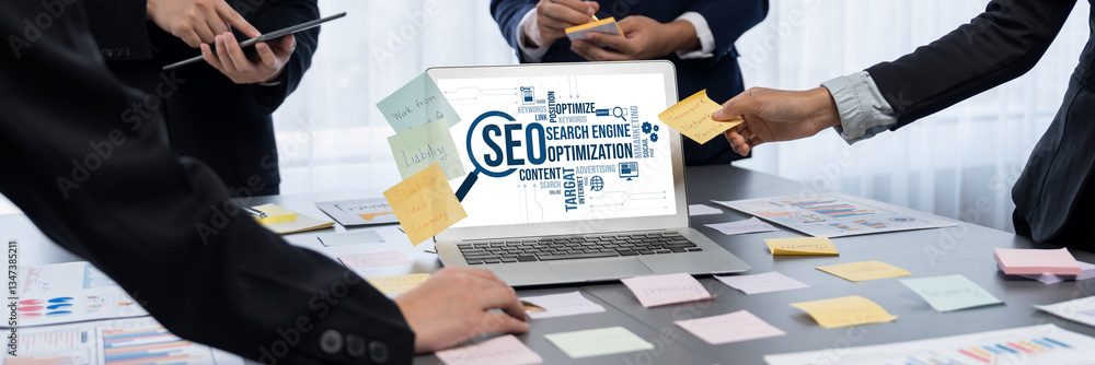 Poster seo search engine optimization for brisk e-commerce and online retail business showing on computer s