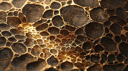 Intricate patterns of golden bubbles floating in a dark background