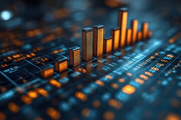 Data visualization of financial trends with glowing bars and abstract background