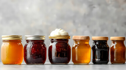 Artisan Jars of Delight: A close-up studio shot showcases an inviting arrangement of diverse artisan preserves in glass jars, each sealed to perfection.