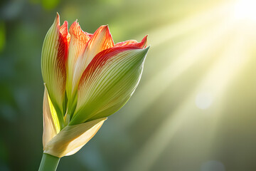 Obraz premium Emerging Beauty: An exquisite Amaryllis flower bud, with its delicate red-tipped petals unfurling, captures the essence of spring under radiant sunlight.