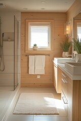 Scandinavian clean bathroom interior with wooden walls, white rug, bright window. Concept showcases minimalistic design, emphasizing Scandinavian clean bathroom interior decor.