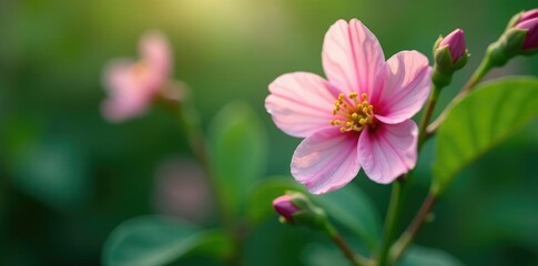 Fototapeta premium Delicate flower stem with tiny leaves and buds, flower texture, flowers in bloom, spring blooms