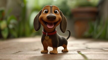 Cartoon dachshund dog standing on a walkway, happy expression, soft focus background.