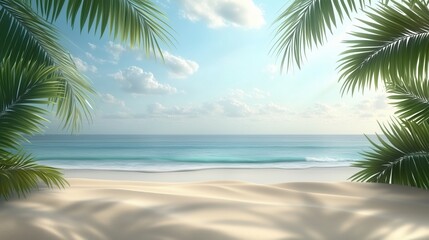Tropical beach with palm trees, serene ocean, soft sand, clear sky, gentle waves, peaceful atmosphere at midday