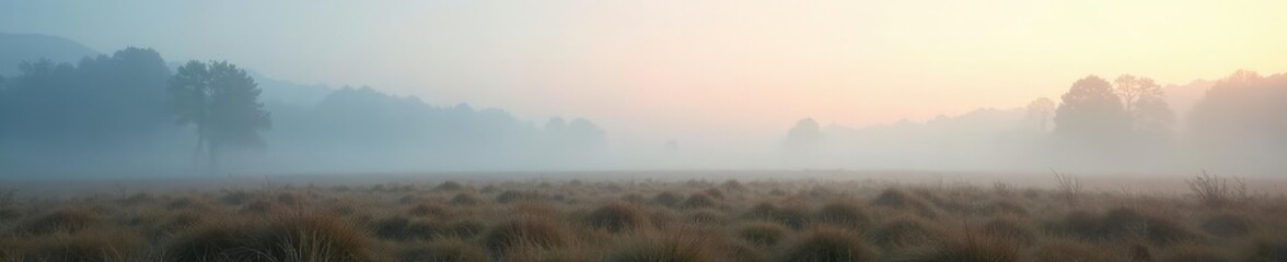 Fototapeta premium Empty landscape with foggy mist rising from the ground, empty, desolate