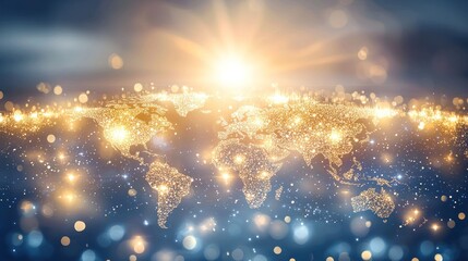 Global network, illuminated world map, sunrise
