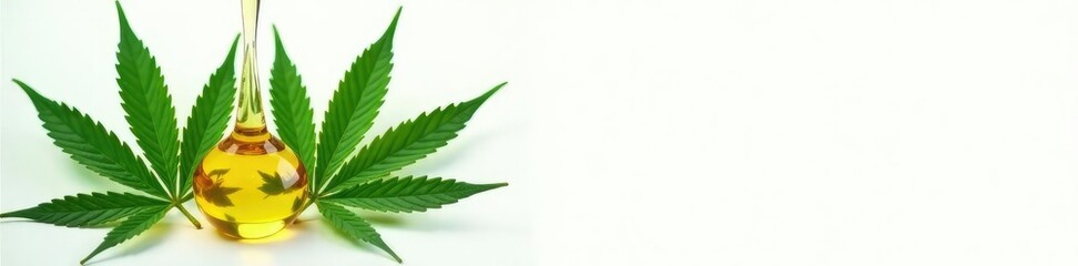 Isolated marijuana leaves and cannabis oil in a clear solution on a white background, marijuana, cannabis oil