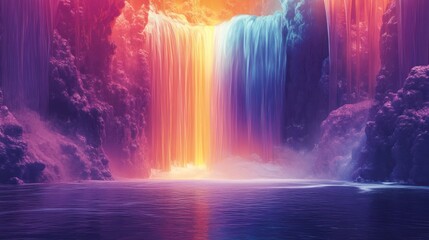 Beautiful waterfall cascading through vibrant colors into the tranquil water
