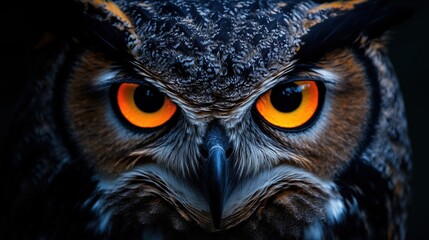Majestic owl with striking orange eyes perched quietly at night in a dark forest environment showcasing its detailed feathers and intense gaze