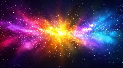 Obraz premium Colorful cosmic explosion with stars and nebulae in deep space, showcasing vibrant hues of pink, orange, and blue in a vast galaxy
