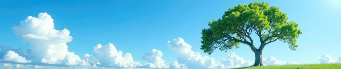 Naklejka premium Tree isolated against blue sky with fluffy white clouds, blue, tree, solitary