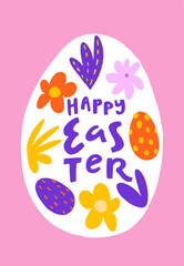 Vibrant greeting card adorned with flowers and lively colors. Large egg shape with cheerful text celebrating the holiday, perfect for springtime wishes with hand drawn text Happy Easter