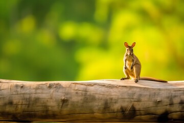Obraz premium Agile Wallaby perched fallen log gazing curiously into distance warm morning light filter through tree composition balanced soft shadow vibrant foliage scene capture peaceful coexistence of wildlife