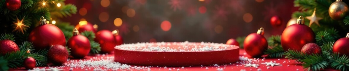 Fototapeta premium Colorful red Christmas ornaments on a festive podium decorated with snowflakes and garlands, festive atmosphere, christmas decorations