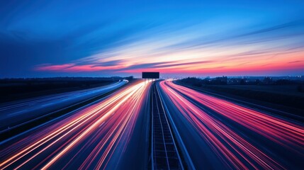 Blank billboard over highway at dusk with light trails and empty space for advertisement