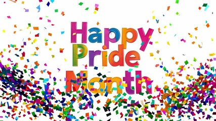 Colorful text celebrating Pride Month surrounded by vibrant confetti creates a festive atmosphere for recognizing love and diversity