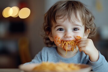 Naklejka premium Delightful child enjoying spaghetti with a joyful mess at a cozy kitchen table in the afternoon light Generative AI
