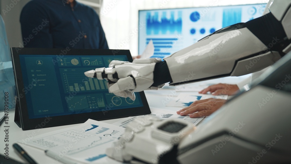 Aufkleber a robot collaborates with a human team in a modern office setting, analyzing data on a touchscreen d
