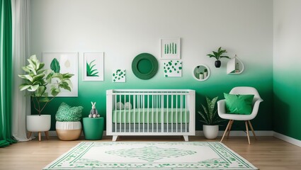 Aesthetic gradient white to green themed nursery interior concept