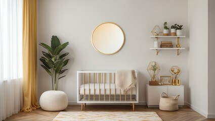 Aesthetic gradient white to gold themed nursery interior concept