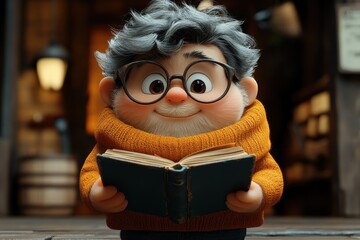 Character reading a book in a cozy library during a peaceful afternoon