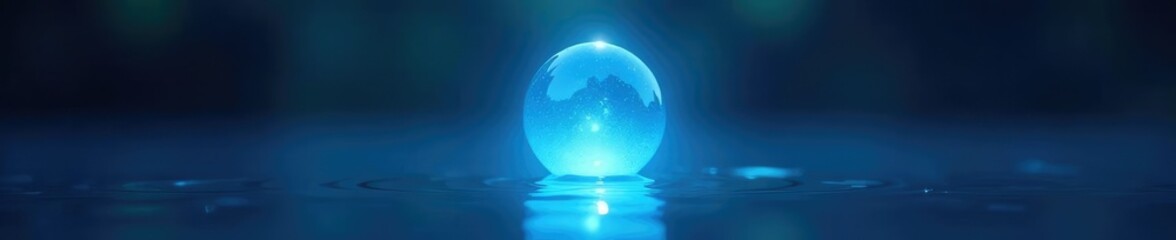 Obraz premium Ethereal bulb hovering above a still pool of blue water, blue hue, luminous orb