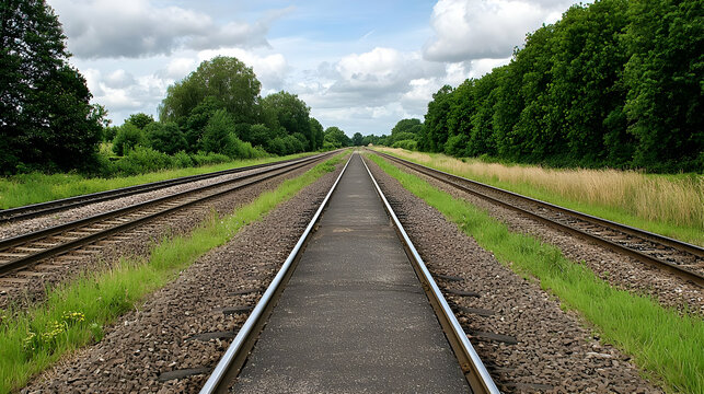 Parallel Railroad Tracks Through Lush Green Landscape Under Blue Sky in Summer Daylight