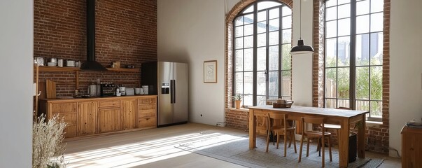 A spacious, modern kitchen featuring brick walls, large windows, wooden cabinets, and a cozy dining area, illuminated by natural light.