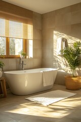 Scandinavian clean bathroom interior featuring freestanding bathtub, soft natural lighting, potted plant. Concept: Scandinavian clean bathroom interior with minimalistic design, elegant decor.