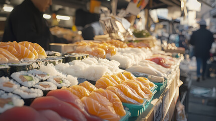Sushi Delight: A vibrant display of fresh sushi and sashimi at a bustling outdoor market, tempting food lovers with colorful and delicious Japanese cuisine.