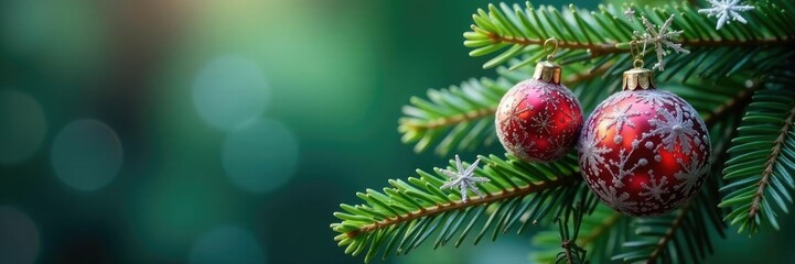 Evergreen branch adorned with clear crystal and frosted pinecone ornaments, branch, forest, crystal