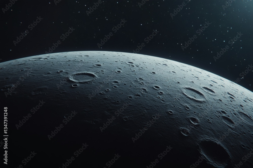 Poster exploring the stark landscape of a distant moon adorned with craters against the backdrop of shimmer
