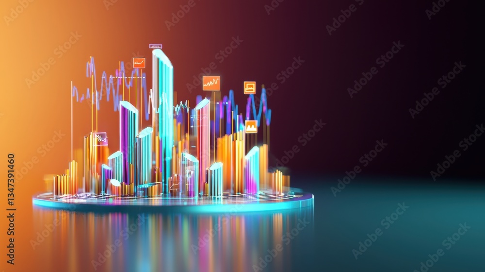 Poster stylized representation of business analytics with graphs and icons