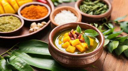 Vibrant and Traditional Ugadi Pachadi with Raw Mango, Tamarind, Jaggery, and Neem Leaves, Rich in Indian Heritage