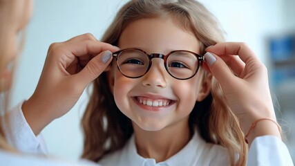 A little girl smiles as she tries on new glasses with the assistance of an optician at a bright office location