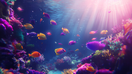 Fototapeta premium Underwater Paradise: A vibrant and enchanting underwater scene featuring a multitude of colorful fish swimming amidst a lively coral reef ecosystem.